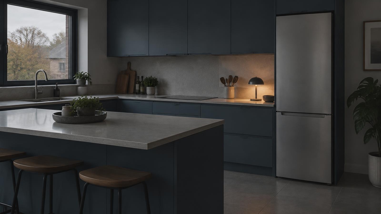 Cuisine belge pendant une coupure, combiné réfrigérateur-congélateur fermé et lampe rechargeable allumée.
