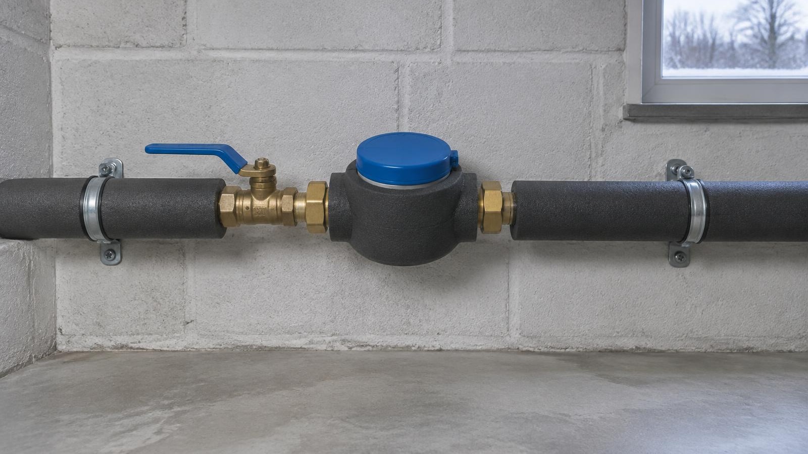Compteur d’eau et canalisations isolés avec une protection sèche dans une cave belge, accès dégagé.