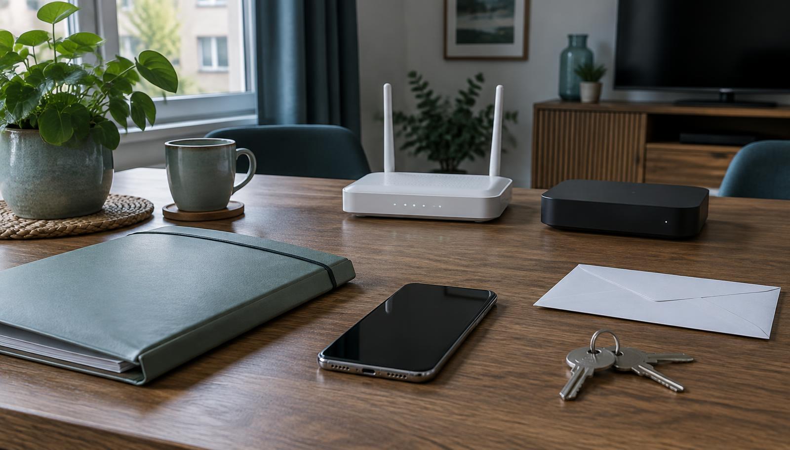 Smartphone éteint, routeur, décodeur, dossier fermé, enveloppe et clés posés sur une table sobre