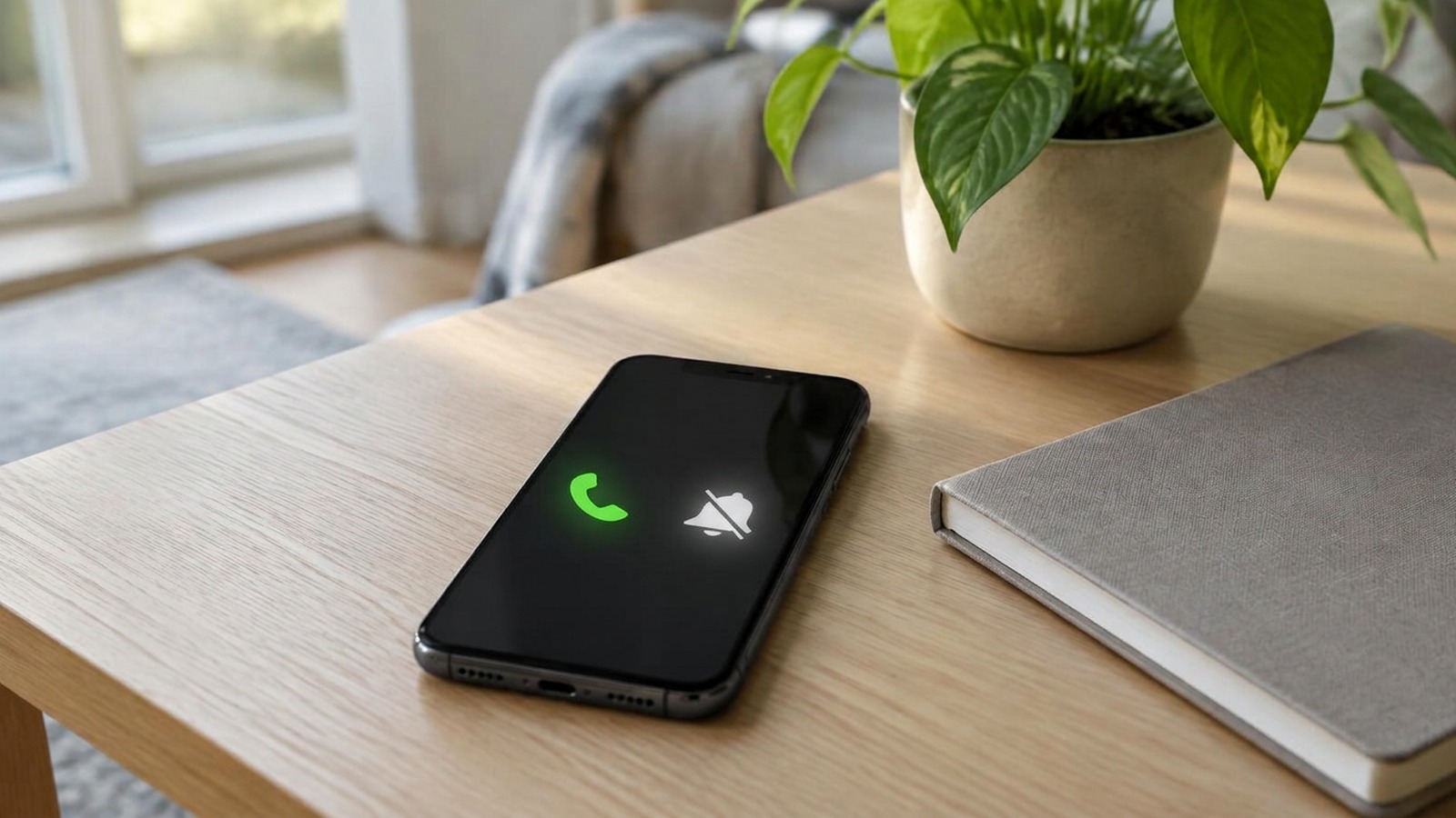 Smartphone posé sur une table en bois avec des symboles d’appel entrant et de sonnerie coupée, à côté d’un carnet fermé et d’une plante