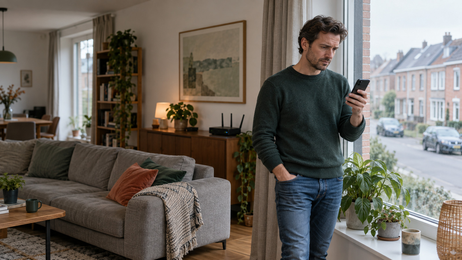 Un habitant vérifie la réception mobile près d’une fenêtre dans son logement en Belgique.