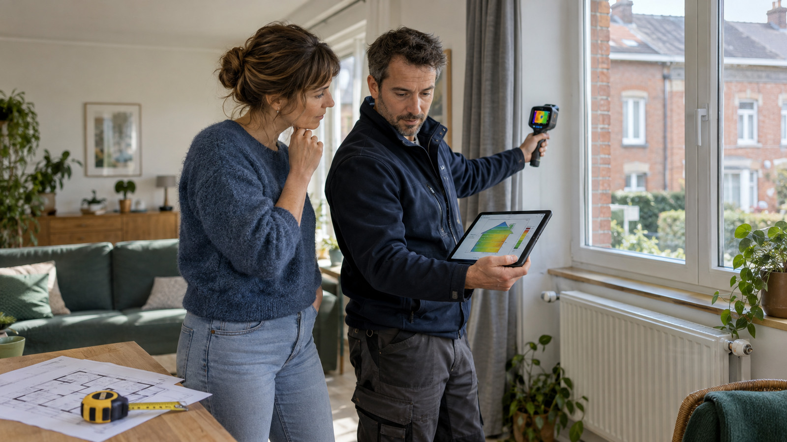 Un certificateur analyse la performance énergétique d'une maison wallonne avec sa propriétaire.