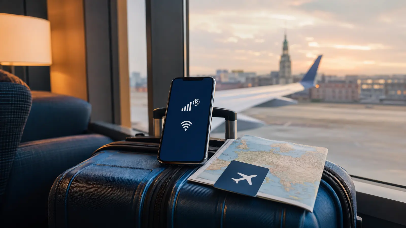 Smartphone affichant des symboles de réseau posé sur une valise devant un avion, pour préparer le roaming en voyage