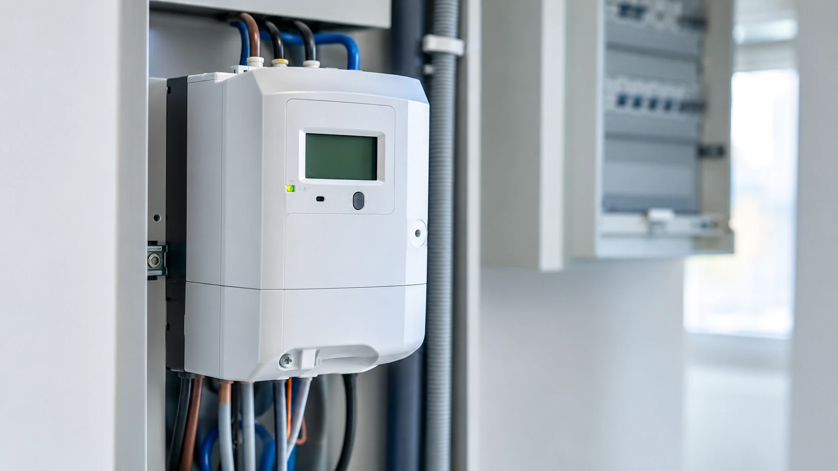 Compteur électrique communicant installé dans une habitation en Wallonie, sans personne ni logo