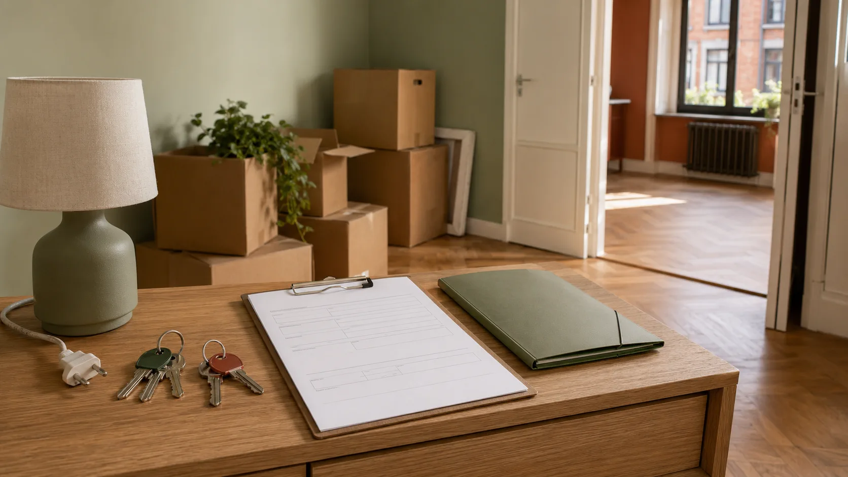 Cartons de déménagement, deux jeux de clés et document de reprise des énergies dans un appartement belge