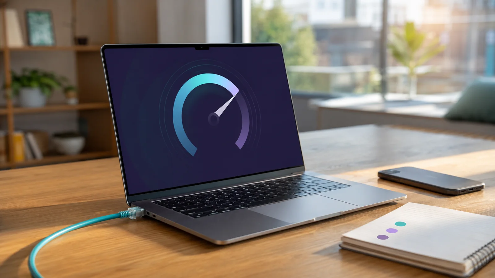 Ordinateur relié par câble Ethernet affichant un test de débit internet dans un intérieur belge