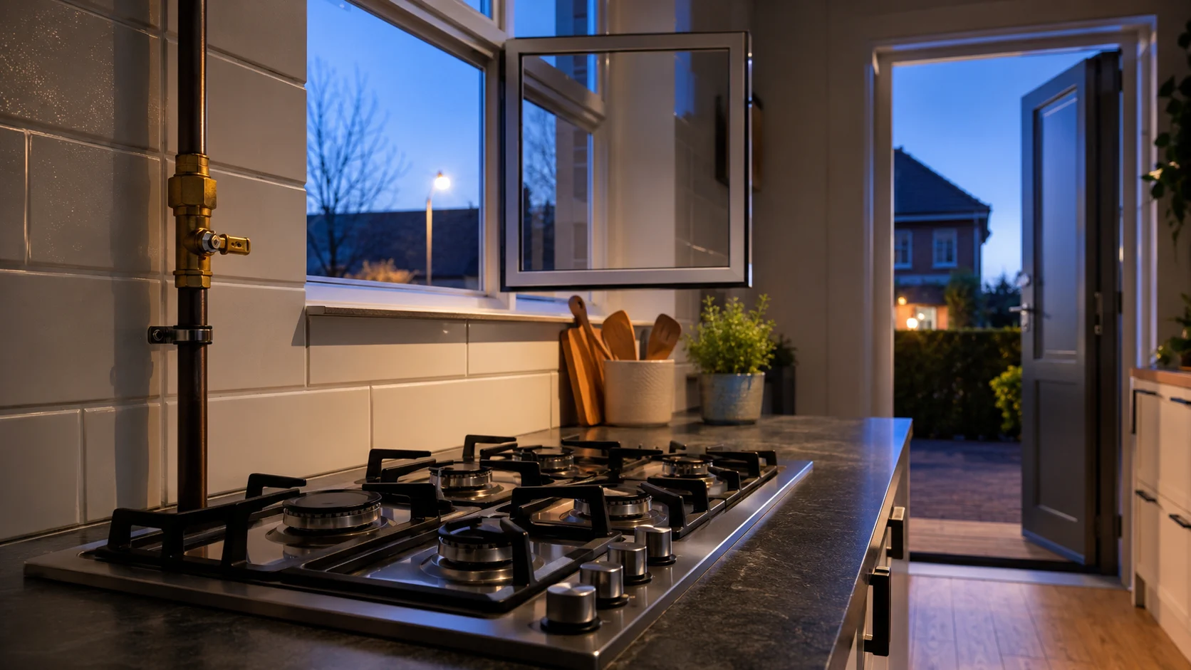 Cuisine belge aérée avec fenêtre et porte ouvertes après la détection d’une odeur de gaz
