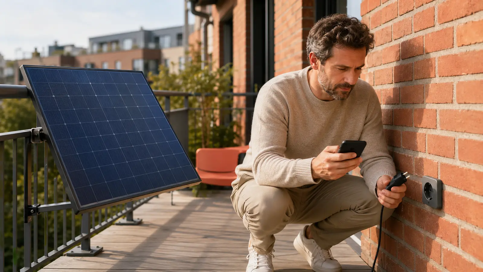 Propriétaire belge vérifiant un panneau solaire plug and play avant son branchement sur une prise extérieure