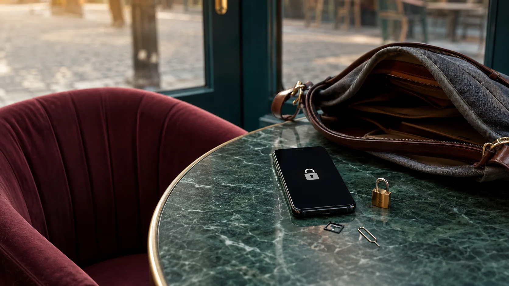 Smartphone perdu sur une table de café avec sac ouvert, cadenas et accessoire de carte SIM